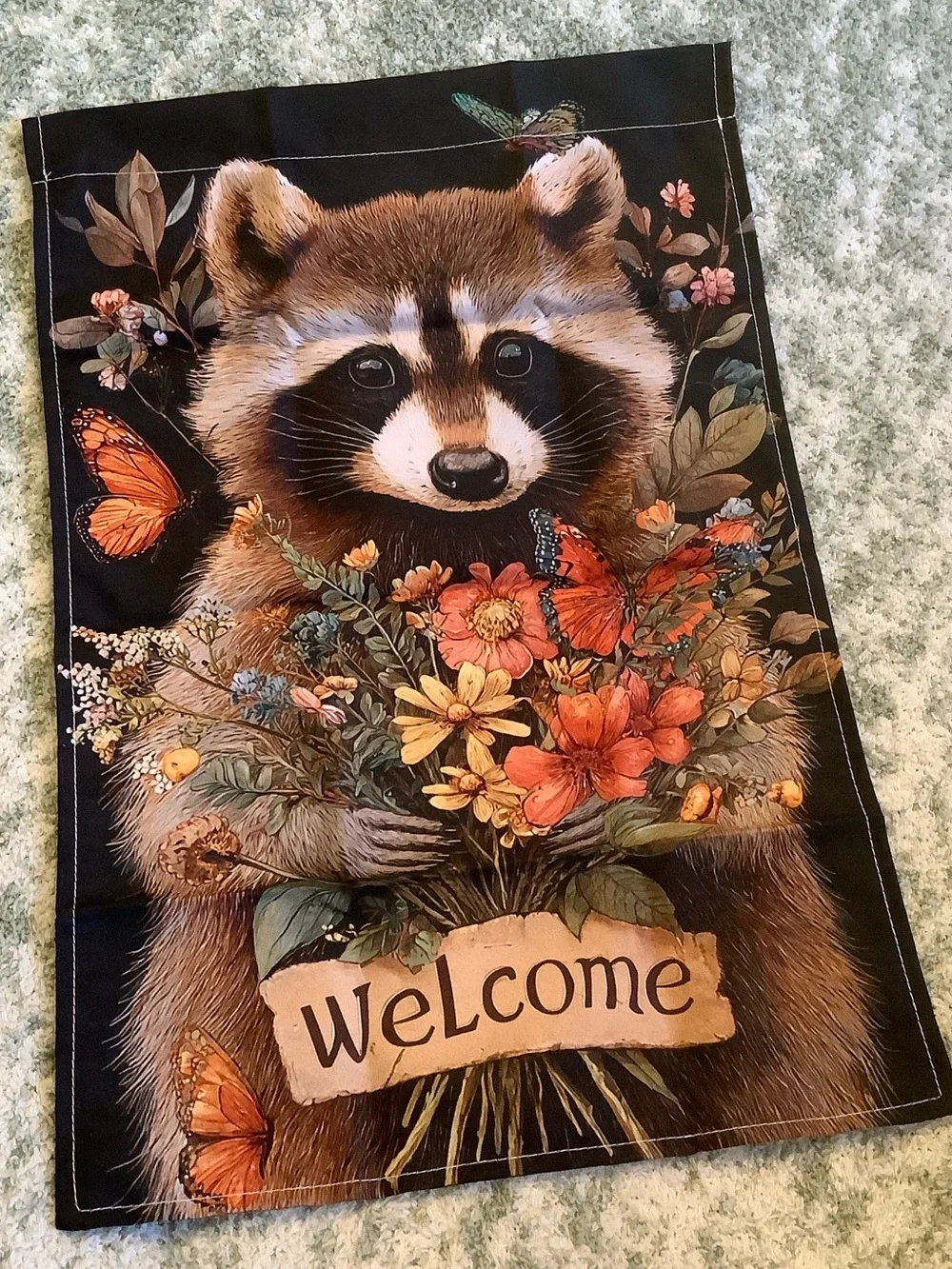 Welcome Raccoon Floral Small Fabric Garden Flag NWT 11.75” x 17.50”